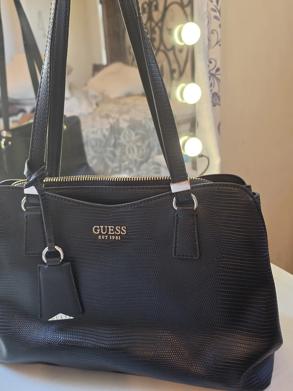 GUESS Black Textured Lizard-Embossed Tote with Gold Logo